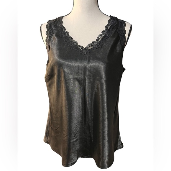 Elementz Tops - Elementz Black Satin Camisole with Lace Trim, size L